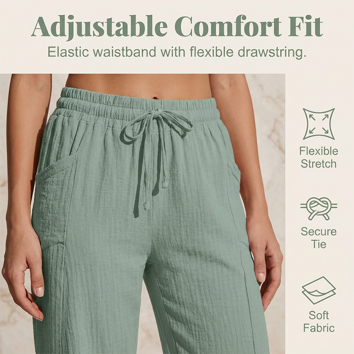 Pantalon femme très confortable, coupe cropped en coton lin, taille élastique.