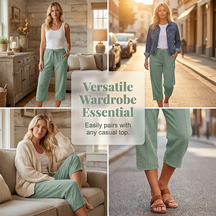 Pantalon femme cropped coton lin, taille élastique, fluide, confortable, été.