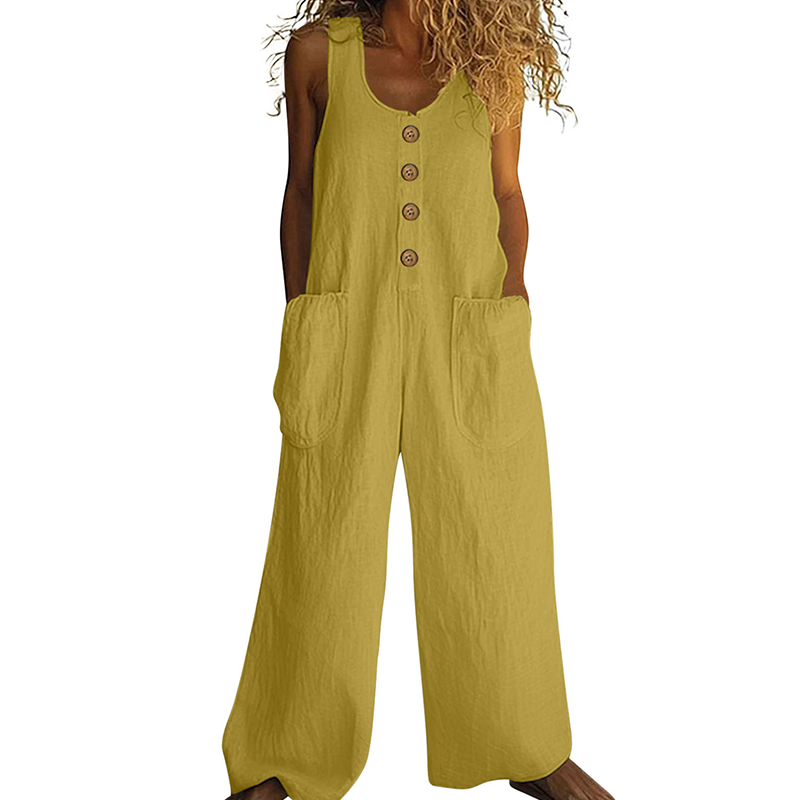 Vêtement femme: Combinaison ample, jambes larges, sans manches, avec de jolis boutons décoratifs.