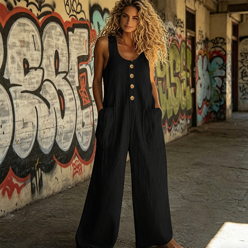 Tenue femme sans manches, combinaison ample avec boutons décoratifs. Chic décontracté pour l'été.