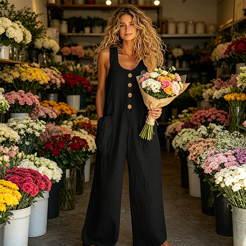 Combinaison ample femme, sans manches, avec boutons. Une tenue polyvalente pour la mode estivale.