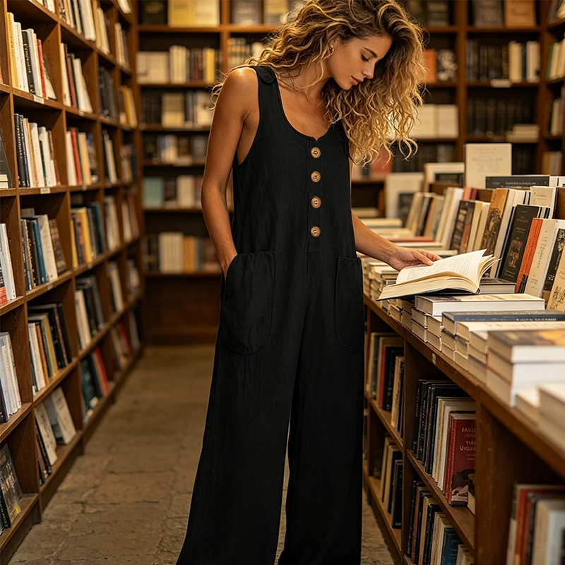 Combinaison ample femme, jambes larges, sans manches, boutons décoratifs. Idéale pour les journées ensoleillées.
