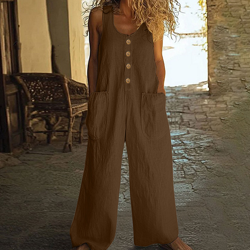 Combinaison ample femme décontractée, sans manches, avec boutons élégants. Parfaite pour le confort d'été.