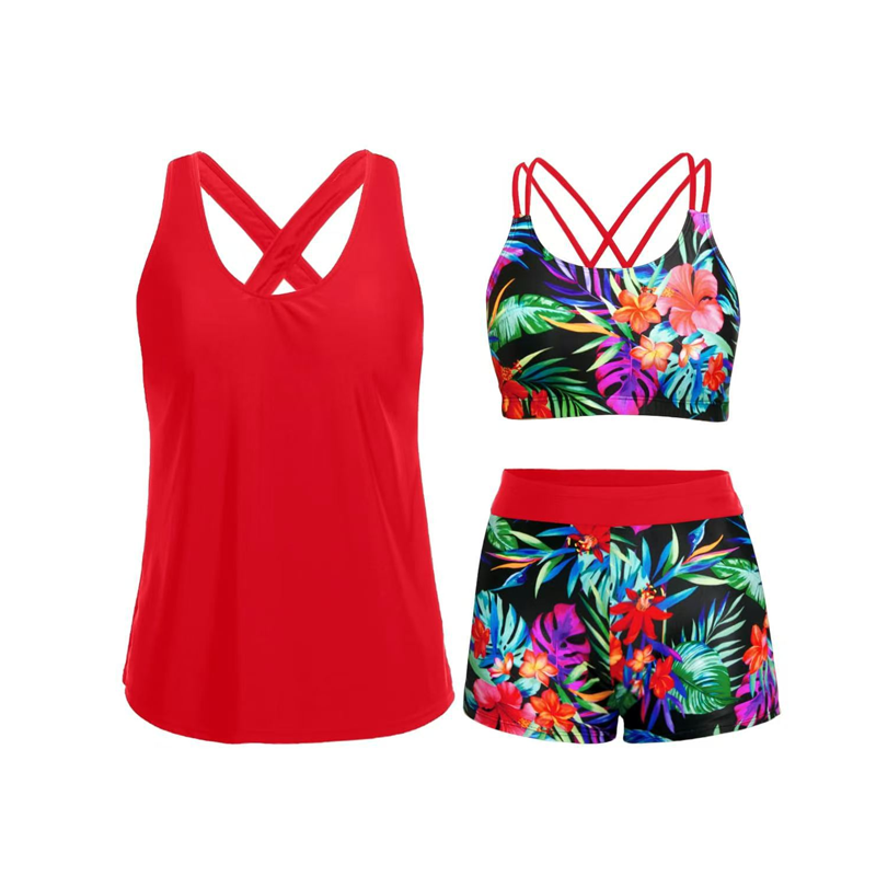 Maillot de bain tankini femme 3 pièces, débardeur fluide et shorty imprimé tendance, confort et style assurés.