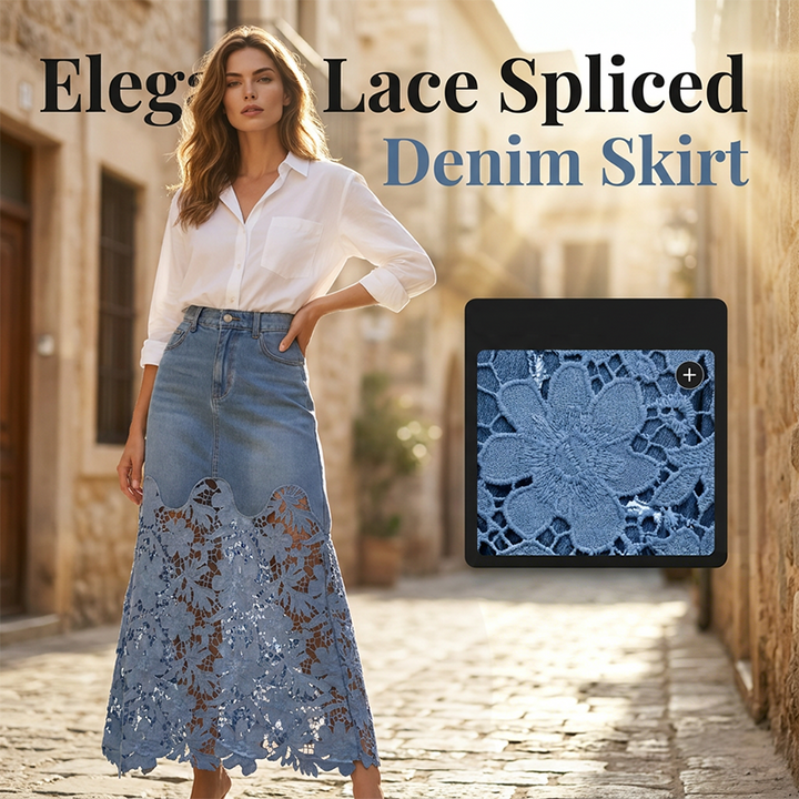 Mode femme: Jupe longue en denim chic avec dentelle florale, parfaite pour un style élégant.