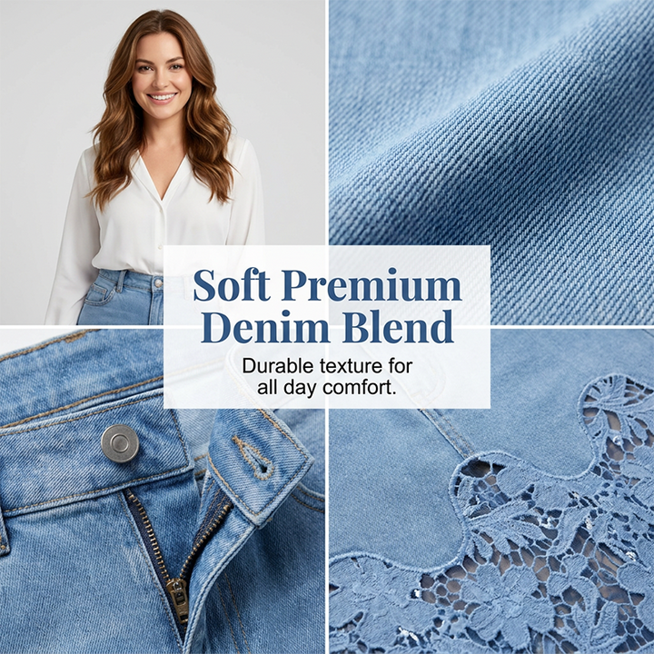 Vêtement femme: Jupe longue en denim avec dentelle florale, look élégant et décontracté d'été.