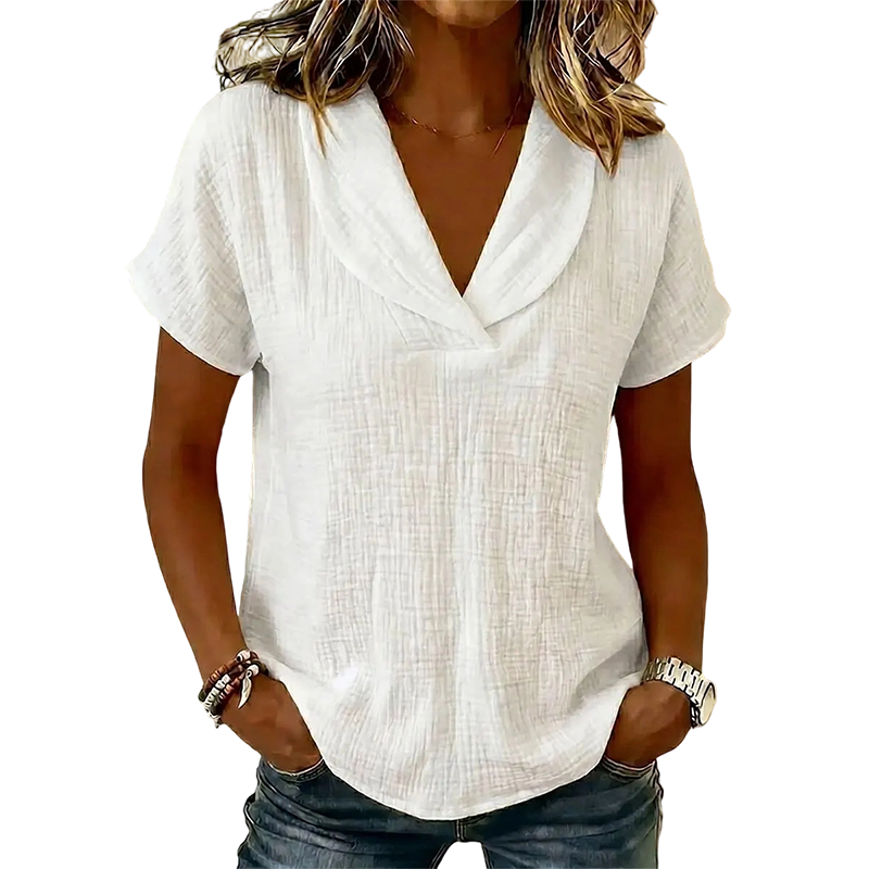 T-shirt ample femme décontracté chic, col V et tissu texturé, pour mode estivale confortable.