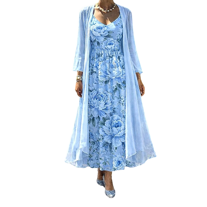 Tenue de printemps/été femme : robe fleurie imprimée et cardigan doux, un ensemble élégant et confortable.