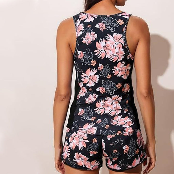 Ensemble de bain femme floral confortable, short et débardeur idéal pour la plage, la piscine et l'été.
