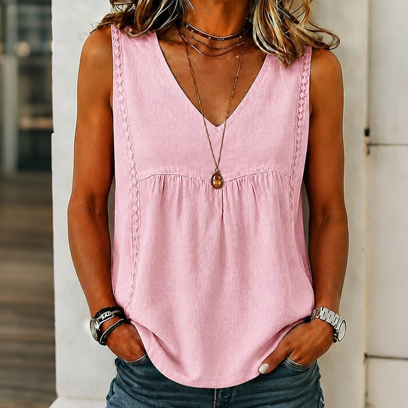 Haut femme sans manches estival, col V, détails dentelle latérale pour un look tendance léger.