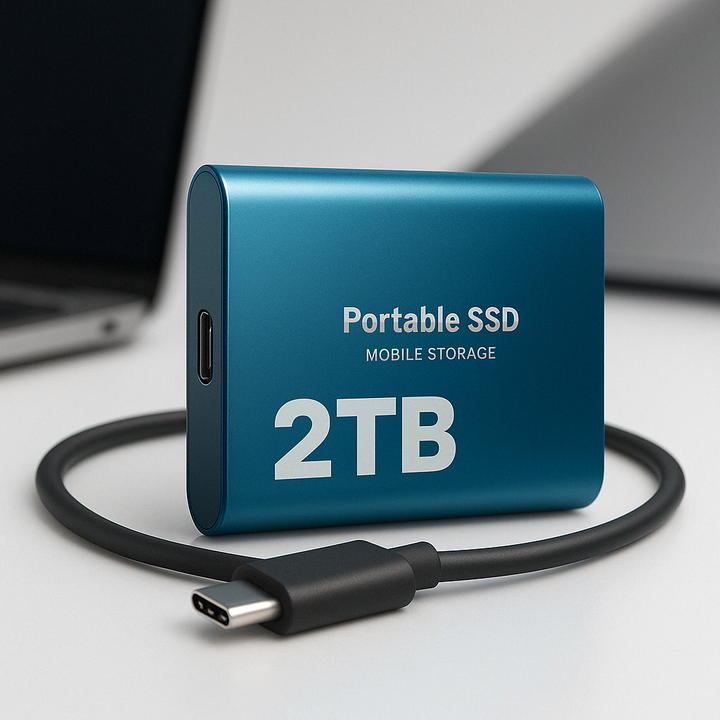 Disque SSD portable 2 To avec USB-C, offrant transfert rapide pour vos sauvegardes et données informatiques à haute vitesse.