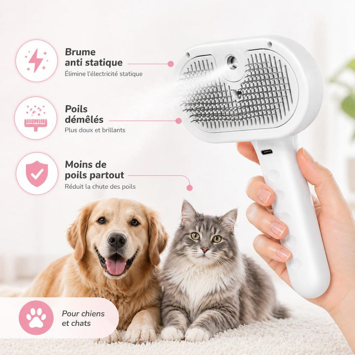 Brosse vapeur anti-poils pour animaux, soin du pelage et hygiène, apporte bien-être aux chats et chiens.