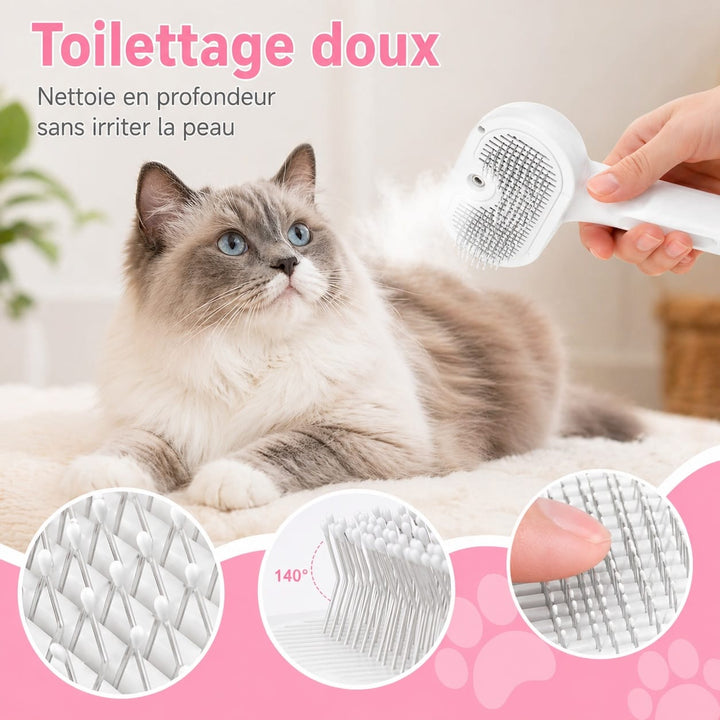 Brosse de toilettage à vapeur pour un pelage brillant et sans poils, hygiène parfaite des chats et chiens.