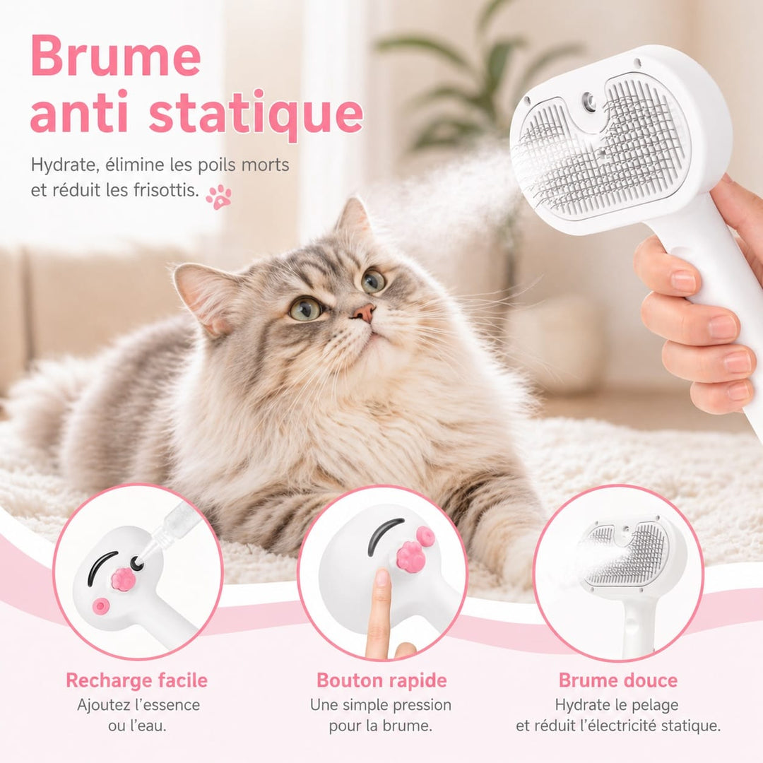 Brosse vapeur ergonomique pour chat et chien, toilettage doux et efficace, réduit les poils dans la maison.