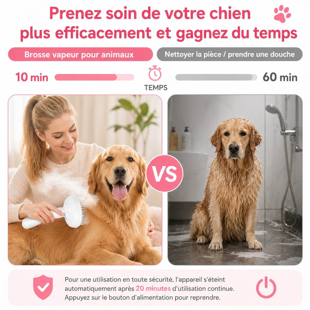 Brosse vapeur douce anti-poils pour animaux de compagnie, hygiène et confort du pelage des chats et des chiens.