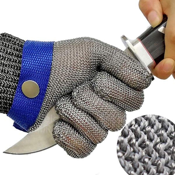Gants de sécurité anti-coupure en acier inoxydable pour protection des mains au travail, cuisine, jardinage.