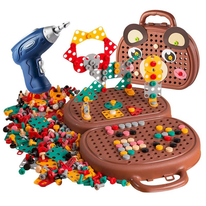 Kit de construction STEM pour enfant avec perceuse, développe la motricité fine et la créativité.