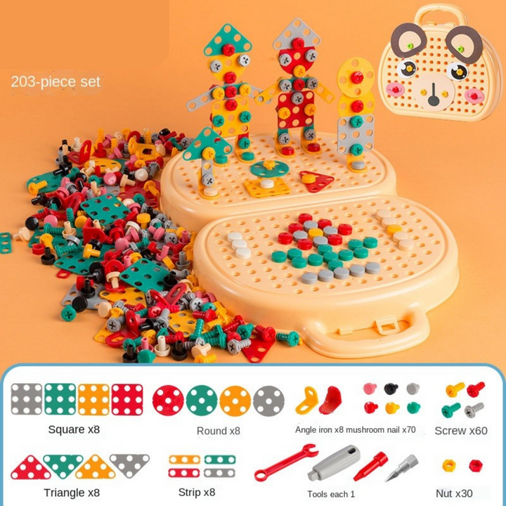 Perceuse et kit de construction STEM pour enfant, jouet d'apprentissage, favorise la motricité et créativité.