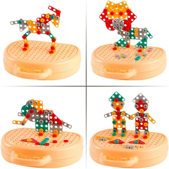 Jeu de construction STEM avec perceuse et pièces colorées, stimule l'apprentissage et la motricité enfant.