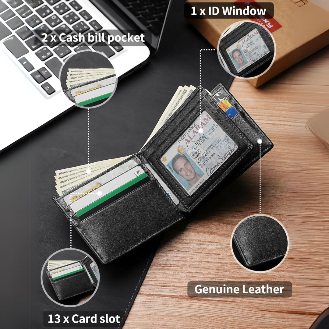 Portefeuille homme élégant en cuir véritable brun avec protection RFID, idéal pour cartes et billets.