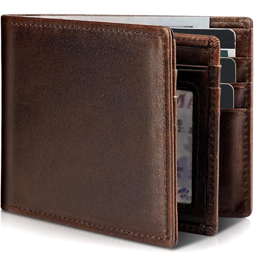 Portefeuille bifold sécurisé RFID en cuir noir pour homme, élégant, fin et pratique pour un usage quotidien.