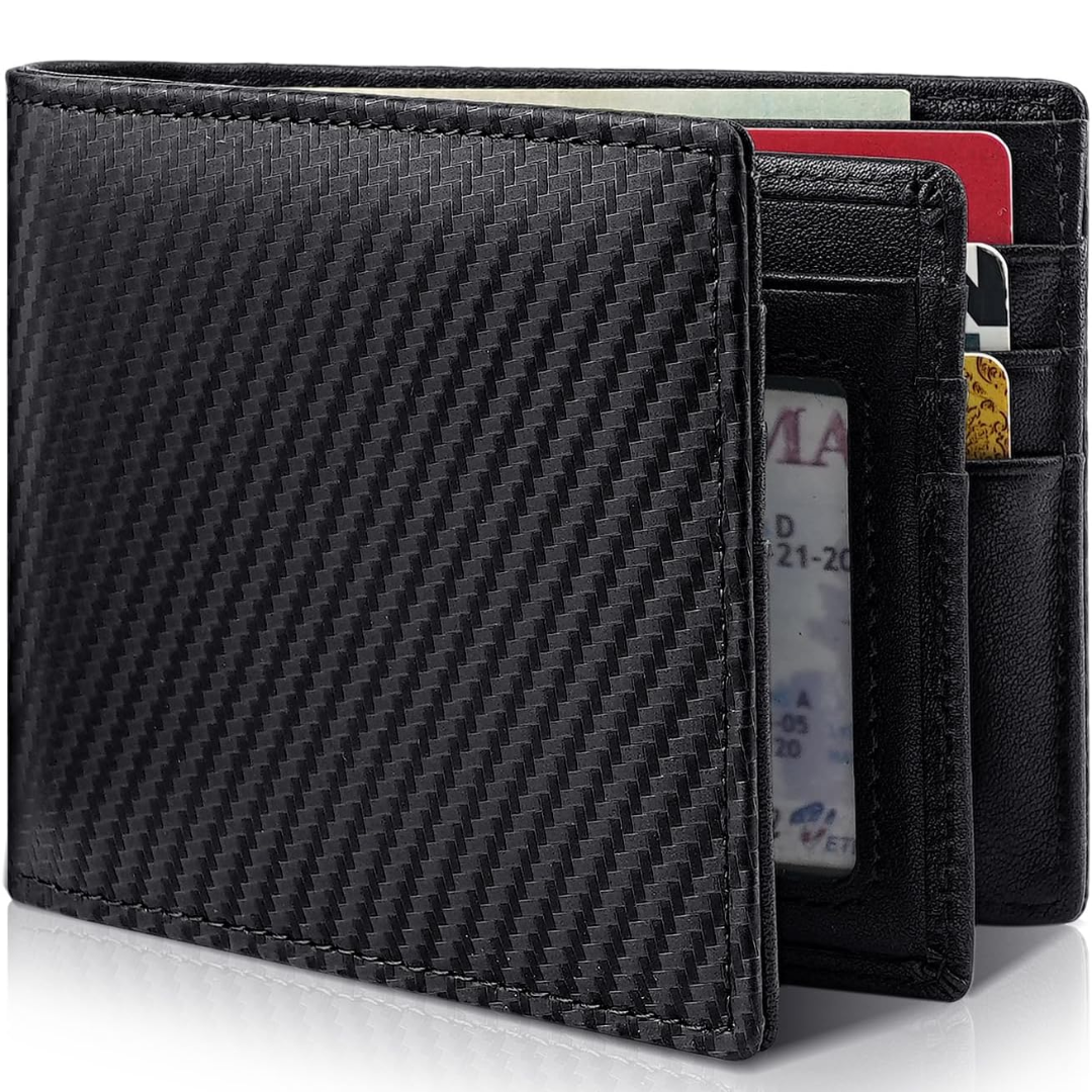Idée cadeau : portefeuille homme en cuir véritable RFID, noir, sécurisé pour cartes et identité, style élégant.