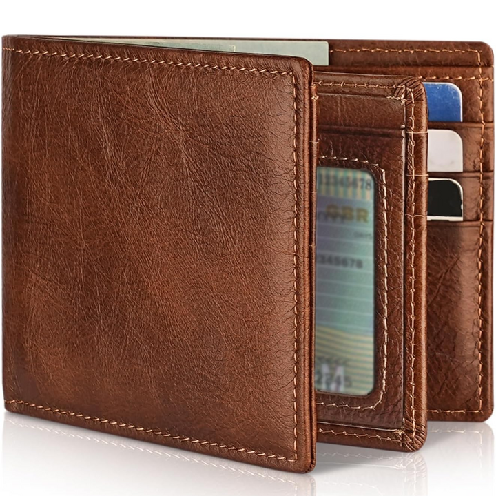 Portefeuille bifold élégant pour homme en cuir véritable brun, design classique avec protection RFID intégrée.
