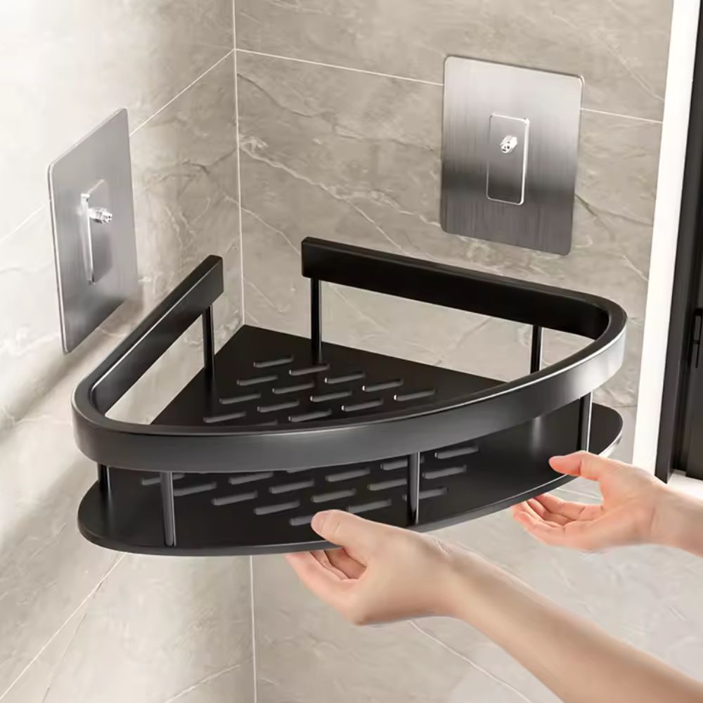 Étagère de douche murale sans perçage en aluminium noir, rangement moderne et inoxydable pour salle de bain.