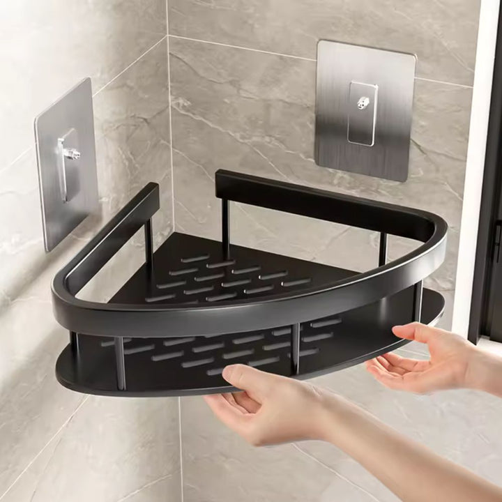 Étagère de douche murale sans perçage en aluminium noir, rangement moderne et inoxydable pour salle de bain.