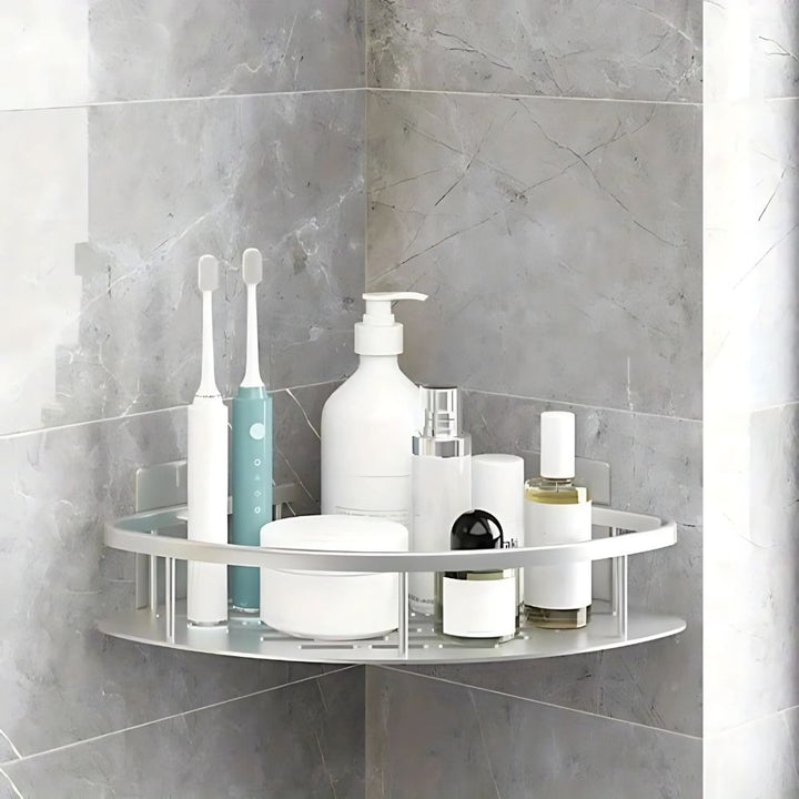 Organiseur de douche mural autocollant argent, installation facile sans perçage, idéal pour savons et shampoings.