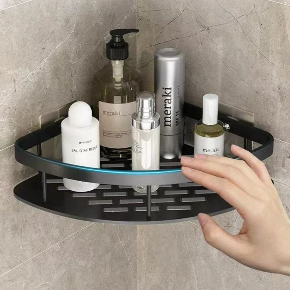 Rangement de douche en aluminium noir résistant, étagère murale inoxydable pour une salle de bain moderne et propre.