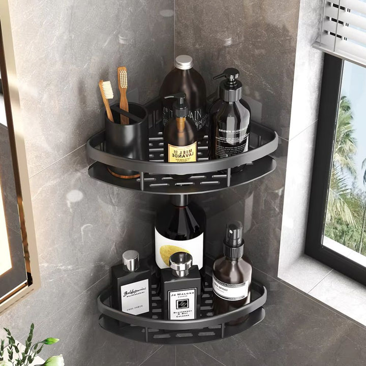 Étagère de douche murale noire avec shampoing et savon, organisateur de salle de bain sans perçage pour espace ordonné.