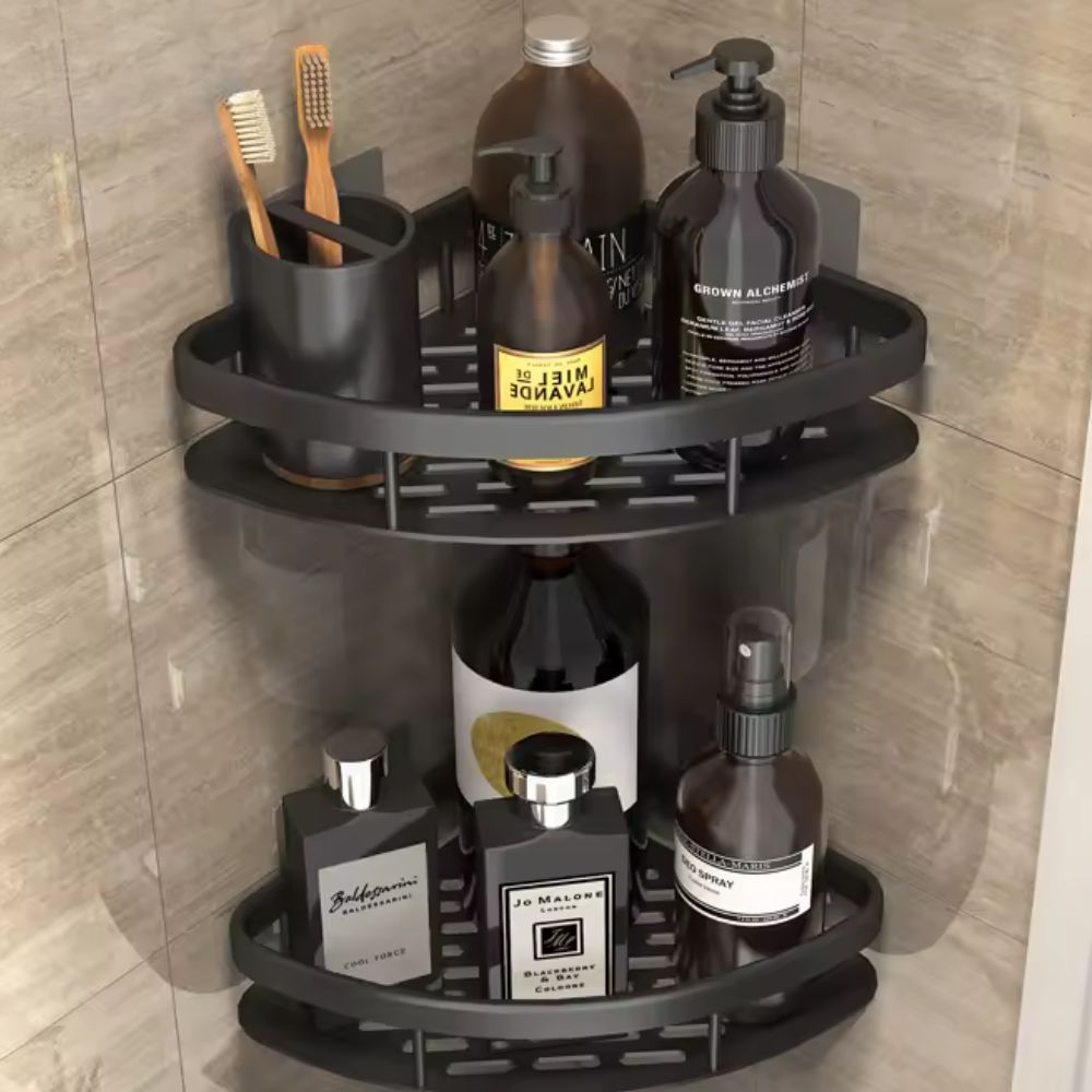 Système de rangement mural pour douche sans perçage, étagère en aluminium noir facile à installer, pour salle de bain.