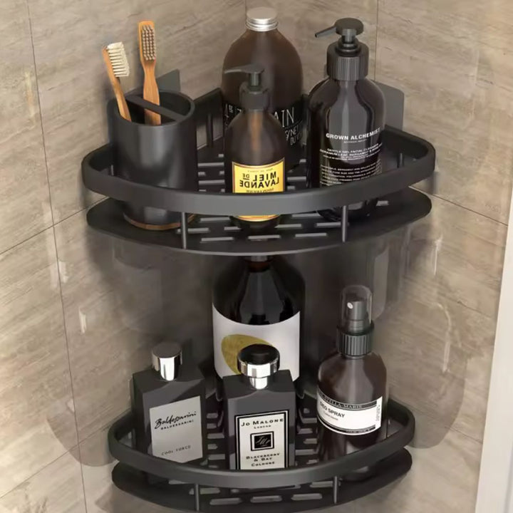 Système de rangement mural pour douche sans perçage, étagère en aluminium noir facile à installer, pour salle de bain.