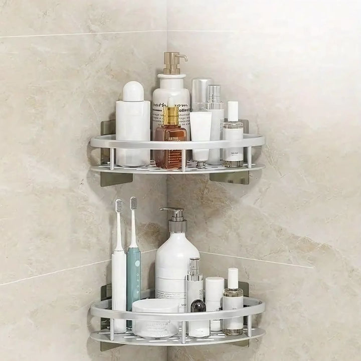 Étagère de douche en aluminium noir robuste, organisateur mural autocollant pour tous vos essentiels de bain et douche.