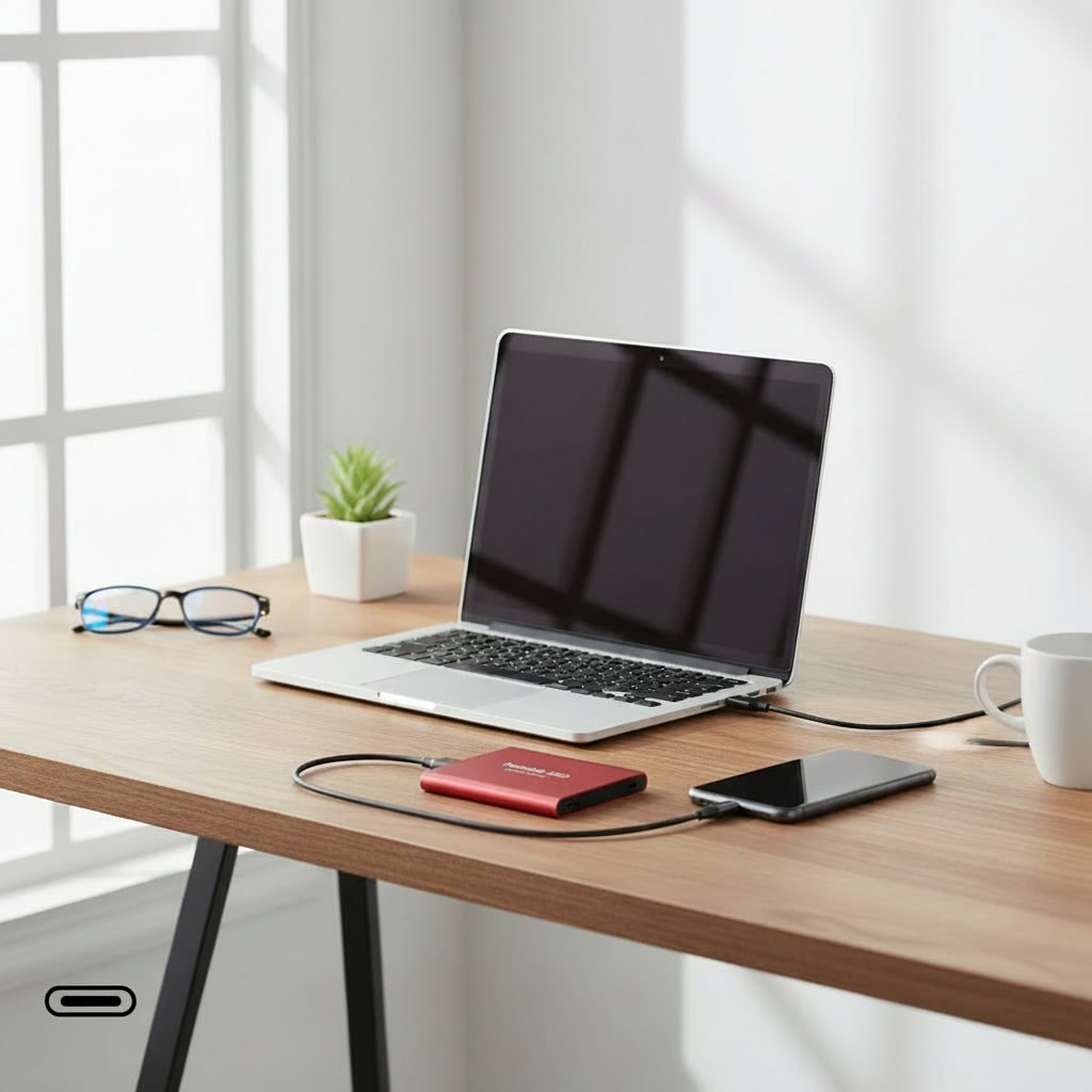 SSD externe portable en aluminium, idéal pour la sauvegarde ultra-rapide de vos données importantes via USB.