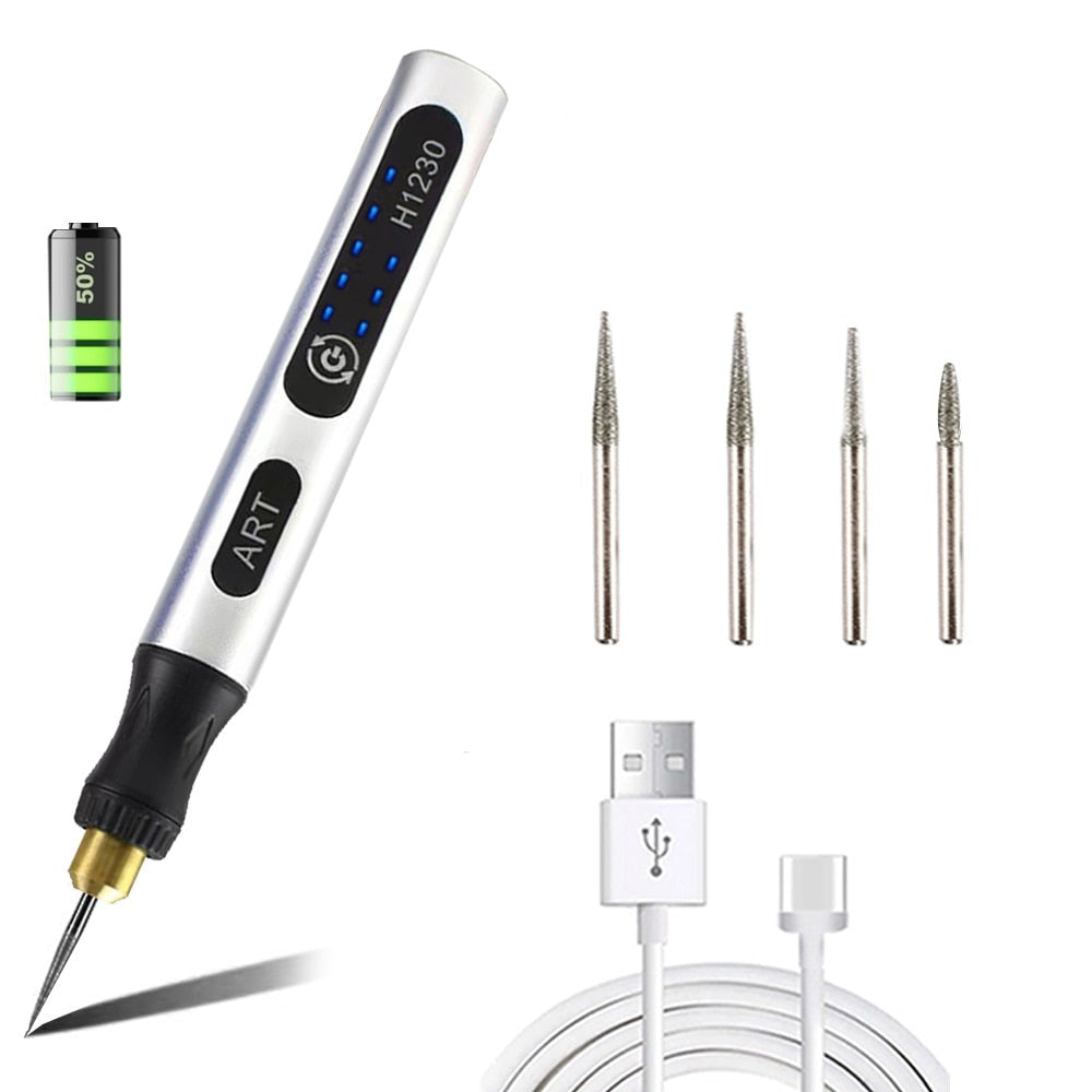 Stylo graveur de précision sans fil. Idéal pour détails fins sur bois, métal, verre. Outil DIY personnalisable.