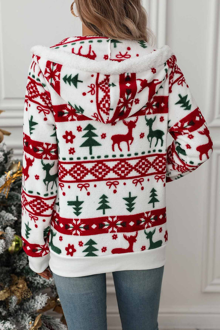 Pull femme zippé décontracté à capuche, motifs Noël (renne/sapin). Parfait pour l'hiver festif.