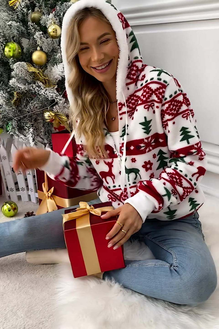 Sweat-shirt femme à capuche, imprimé Noël (rennes/sapins), fermeture éclair. Tenue festive et confortable.