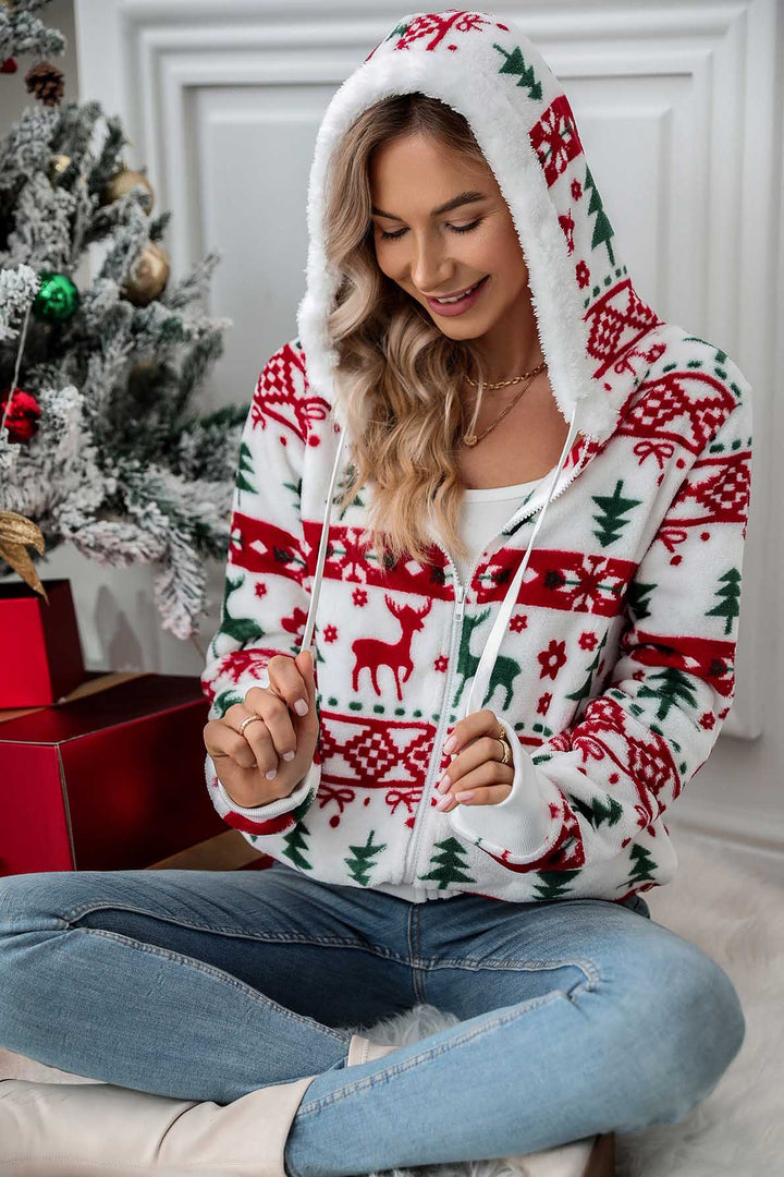 Pull à capuche zippé femme, imprimé festif Noël. Confort douillet pour les célébrations d'hiver.
