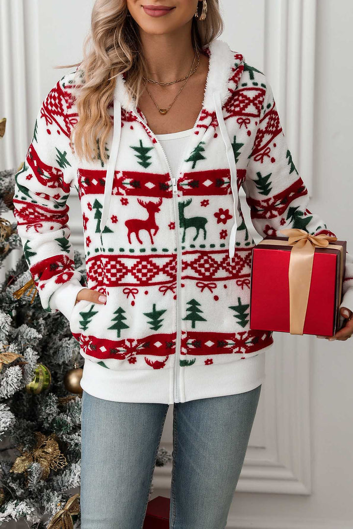 Sweat-shirt à capuche femme zippé Noël, imprimé festif. Confort hivernal pour fêtes.