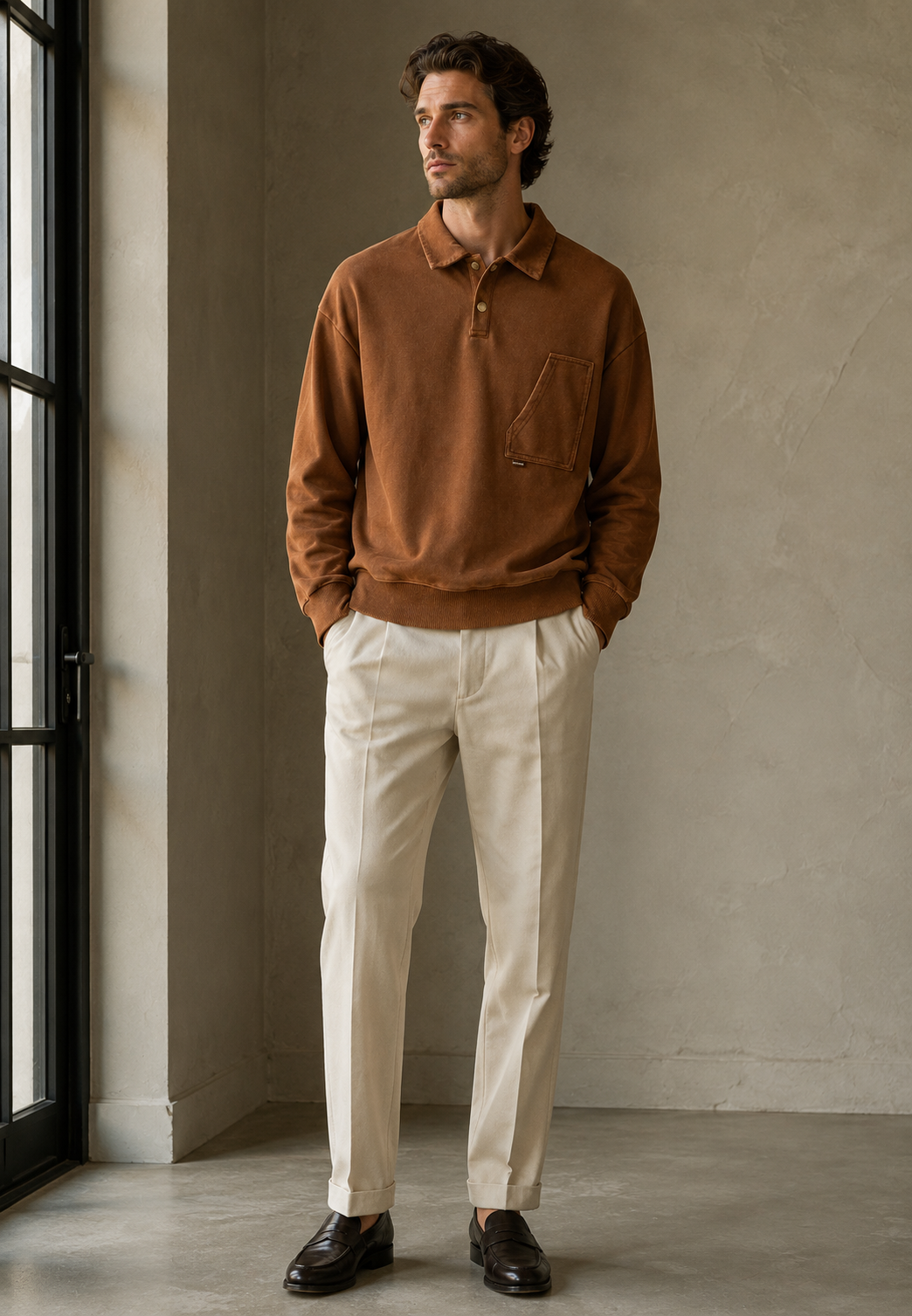 Top homme délavé à manches longues, look casual chic, idéal pour tendance automne, grand confort.