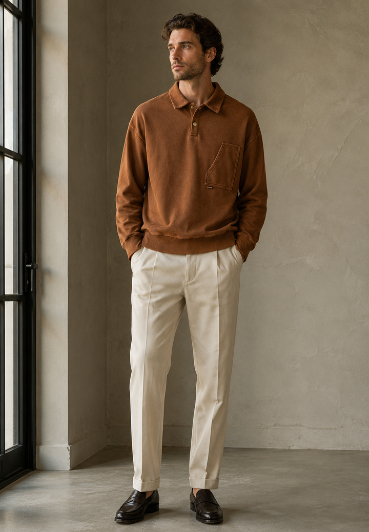 Top homme délavé à manches longues, look casual chic, idéal pour tendance automne, grand confort.