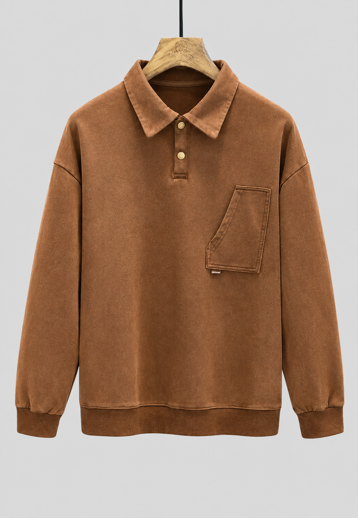Polo vintage homme, délavé gris, manches longues, coupe décontractée, avec poche, confort quotidien assuré.