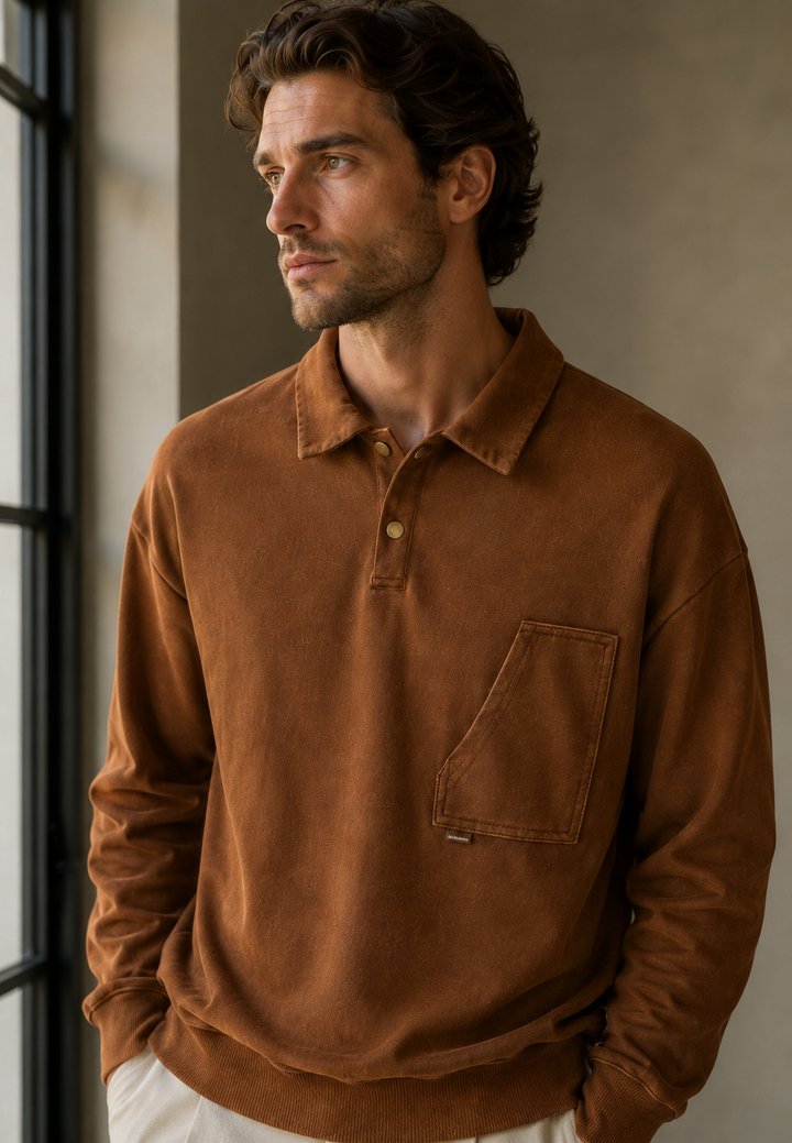 Polo homme manches longues délavé, style vintage, poche avant, parfait pour mode décontractée.