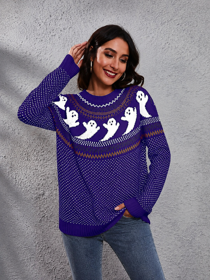 Pull femme manches longues, motif fantôme rétro, tricot col rond, mode originale pour l'automne/Halloween.