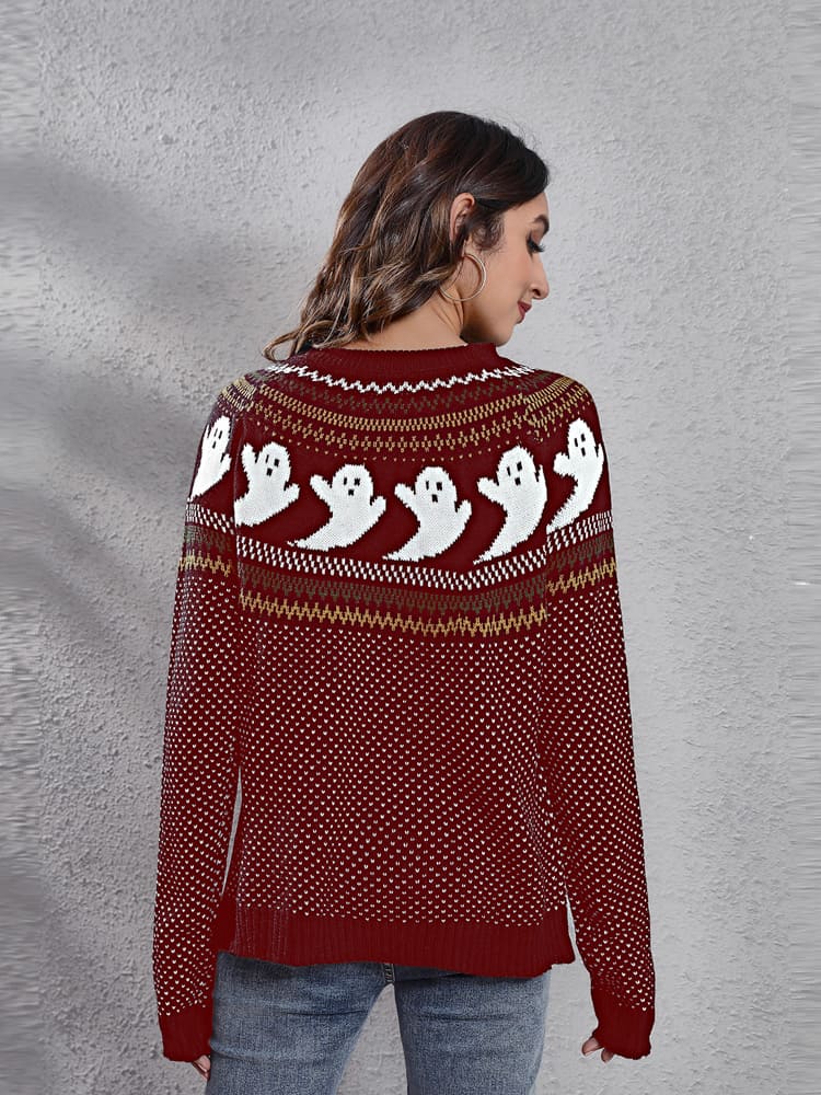 Élégant pull femme tricoté, motif fantôme rétro pour Halloween, style littéraire et décontracté en automne.