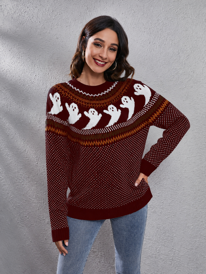 Ambiance Halloween : pull femme fantôme rétro, tricot décontracté, col rond et manches longues pour l'automne.