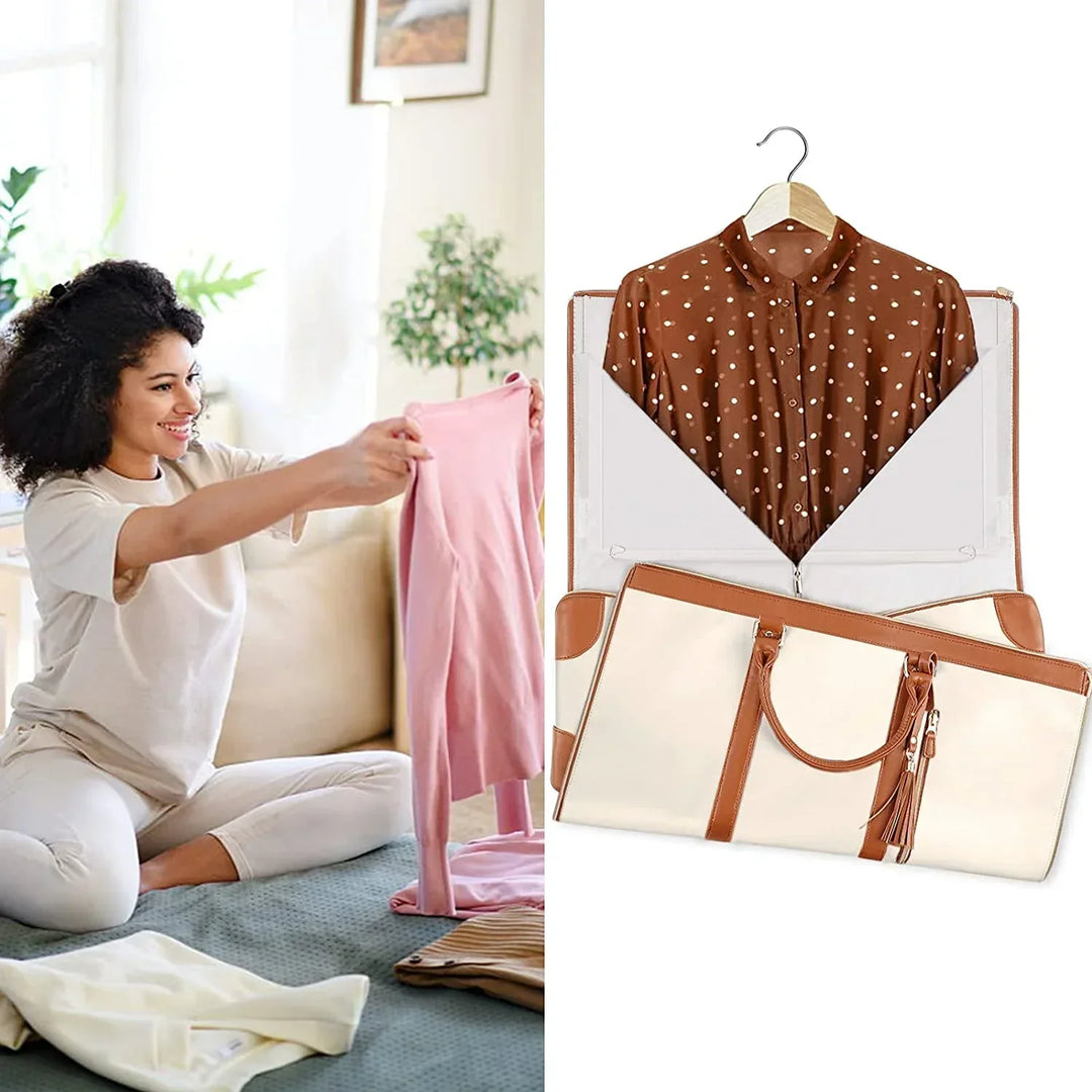 Sac de voyage élégant en tissu résistant, rangement pliable anti-plis pour protection optimale des vêtements.