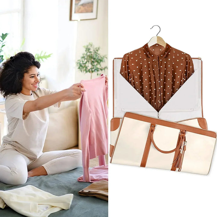 Sac de voyage élégant en tissu résistant, rangement pliable anti-plis pour protection optimale des vêtements.